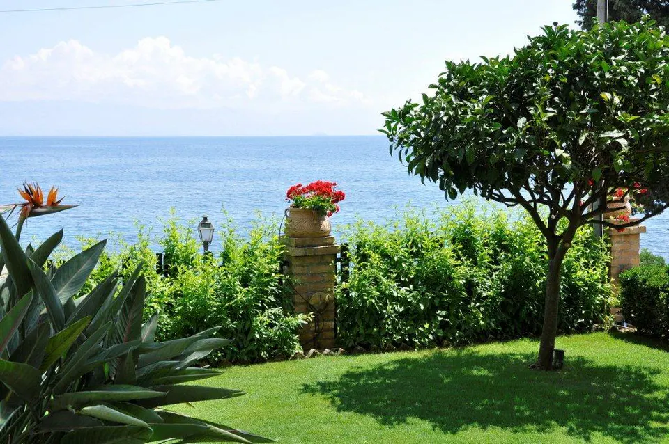 The sea seen over the garden hedge